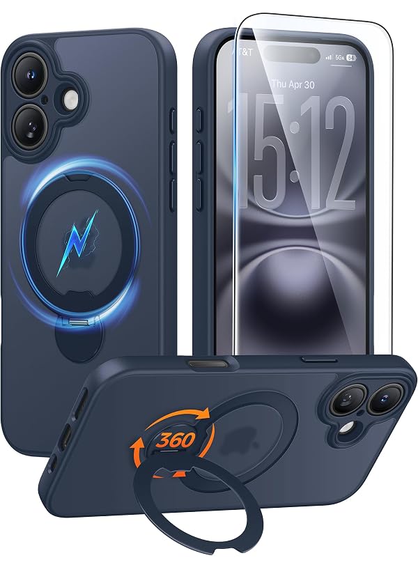 FNTCASE for iPhone 16 Plus Case: [360 Spin Magnetic Stand] [Compatible with Magsafe] [Screen Protector] Translucent Matte Military Grade Shockproof Full Camera Protective Phone Cover - Deep Blue by FNTCASE - Used condition - US$10.64