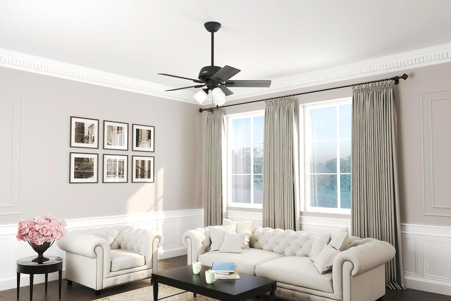 Hunter 44 inch Indoor Ceiling Fan with LED Lights - Black Ceiling Fan with Pull Chain, For Bedroom or Living Room, Standard Mount, No Remote, 5 Blades, Includes Bulbs - Crystal Peak 52351, Matte Black