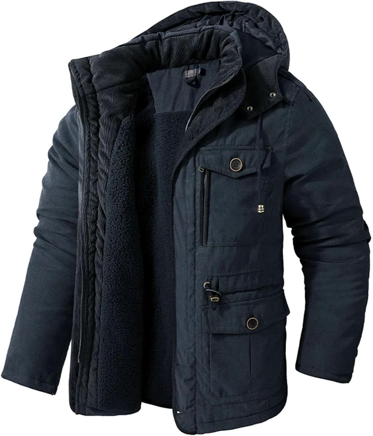 Men's Fleece Jackets Winter Vintage Warm Thick Hooded Parka Camping Snow Cold-proof Pocket Coats