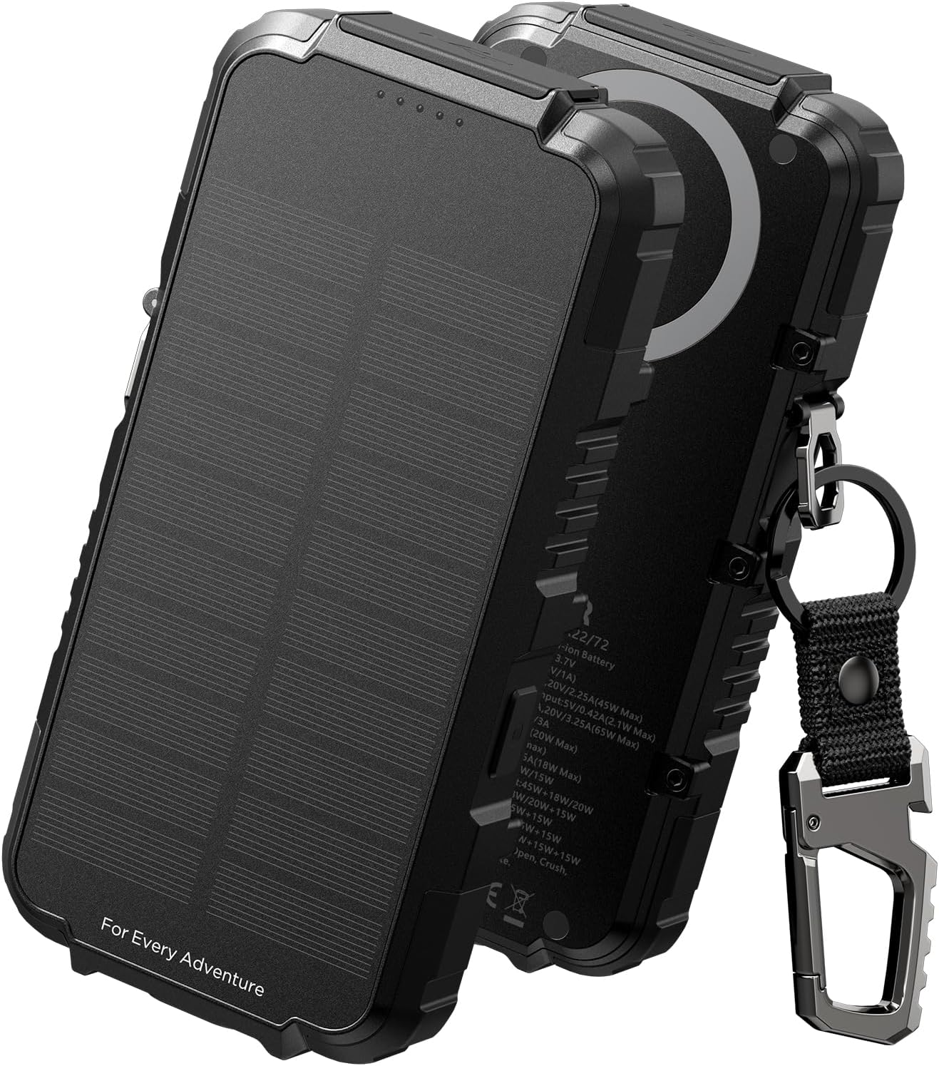 Dexnor Solar Charger Power Bank with carabiner attached.