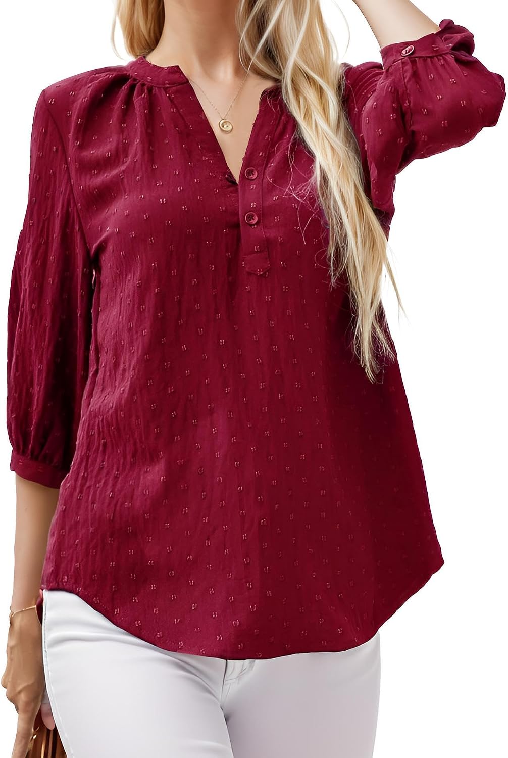 Women's 3/4 Sleeve Swiss Dot Top – V-Neck Henley Button Blouse With Pleated Detail