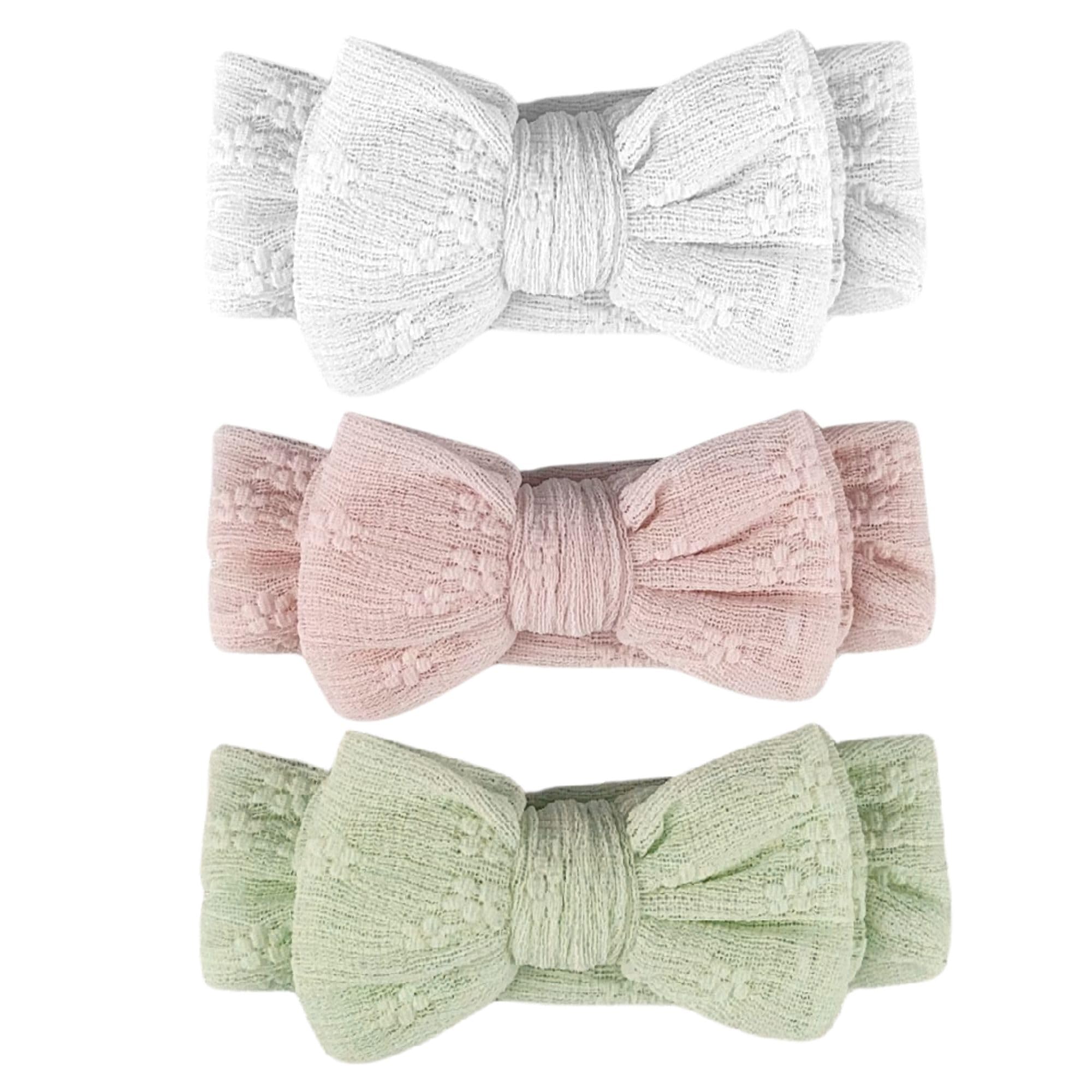 minimutz Haarband Baby 3er Set, Stirnband dehnbar mit Schleife, weiches Haaraccessoire Kleinkind Mädchen (Weiß/Rosa/Mint)