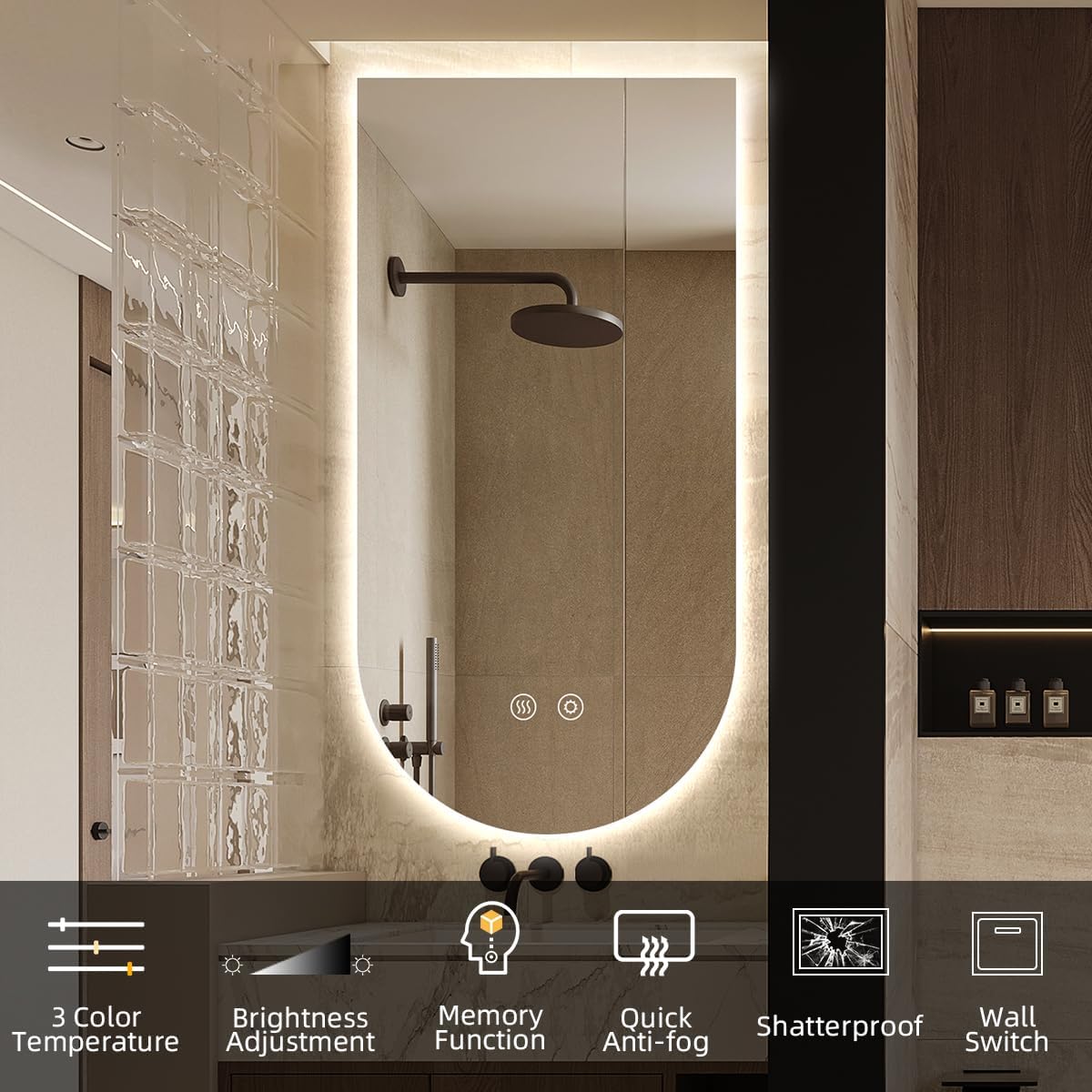 48" x 24" Vertical-Inverted Arched LED Bathroom Mirror, Arch Framless Backlit Mirror with Lights, Anti-Fog, Smart 3-Color Dimmable Lighted Vanity Mirror, Waterproof, UL Listed, CRI 90+