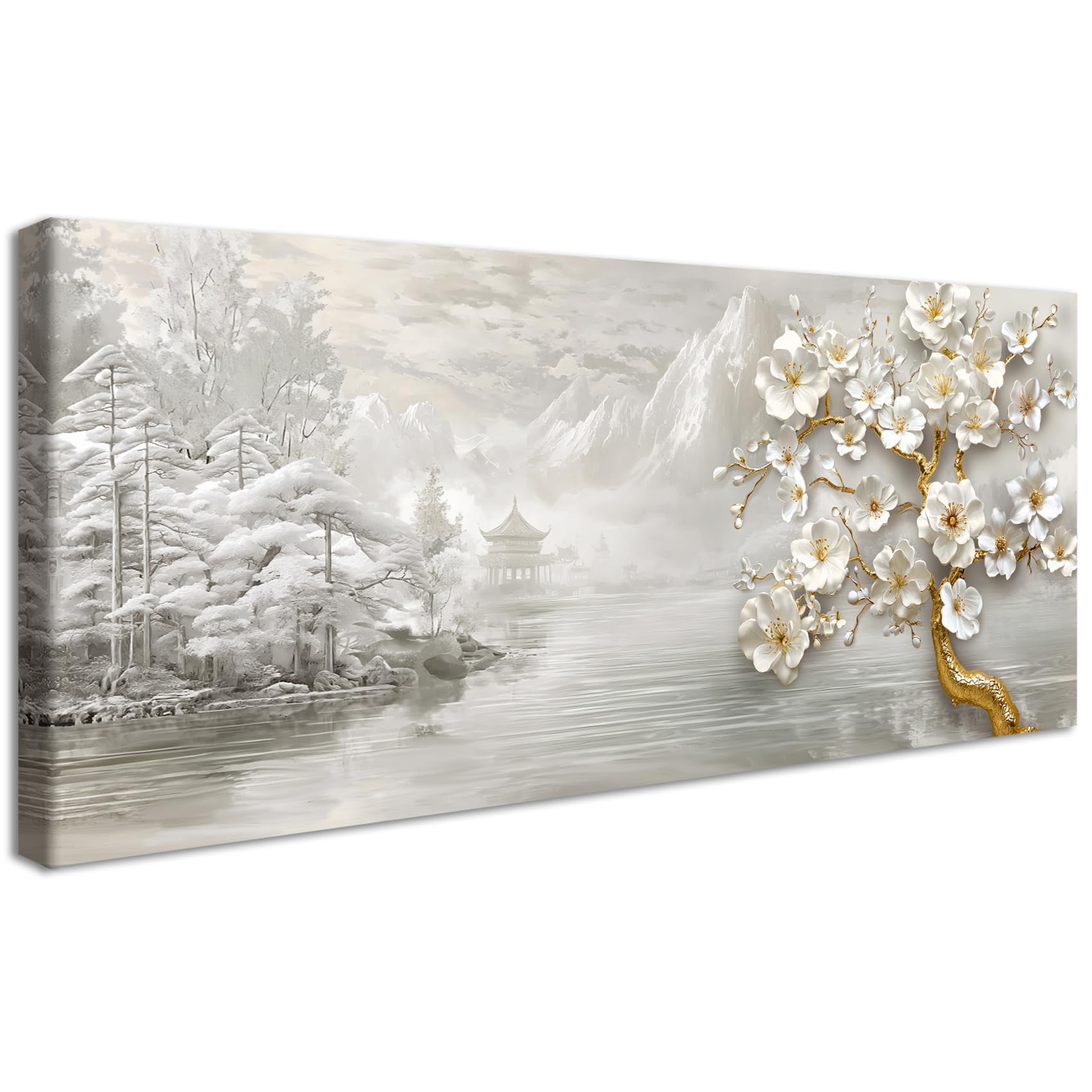 Mit Rahmen Groß Leinwand Bilder Grau Weiß Landschafts Leinwandbilder Weiße Magnolienblüte Bilder auf Leinwand Malerei Bild Gold Floral Baum Wandbilder Wohnzimmer Schlafzimmer Wanddekoration 50x120cm