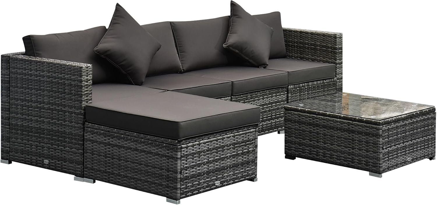 6-Piece All-Weather Premium Rattan Wicker Sectional Set with Charcoal Black High-Density Cushions Footstool and Round Coffee Table