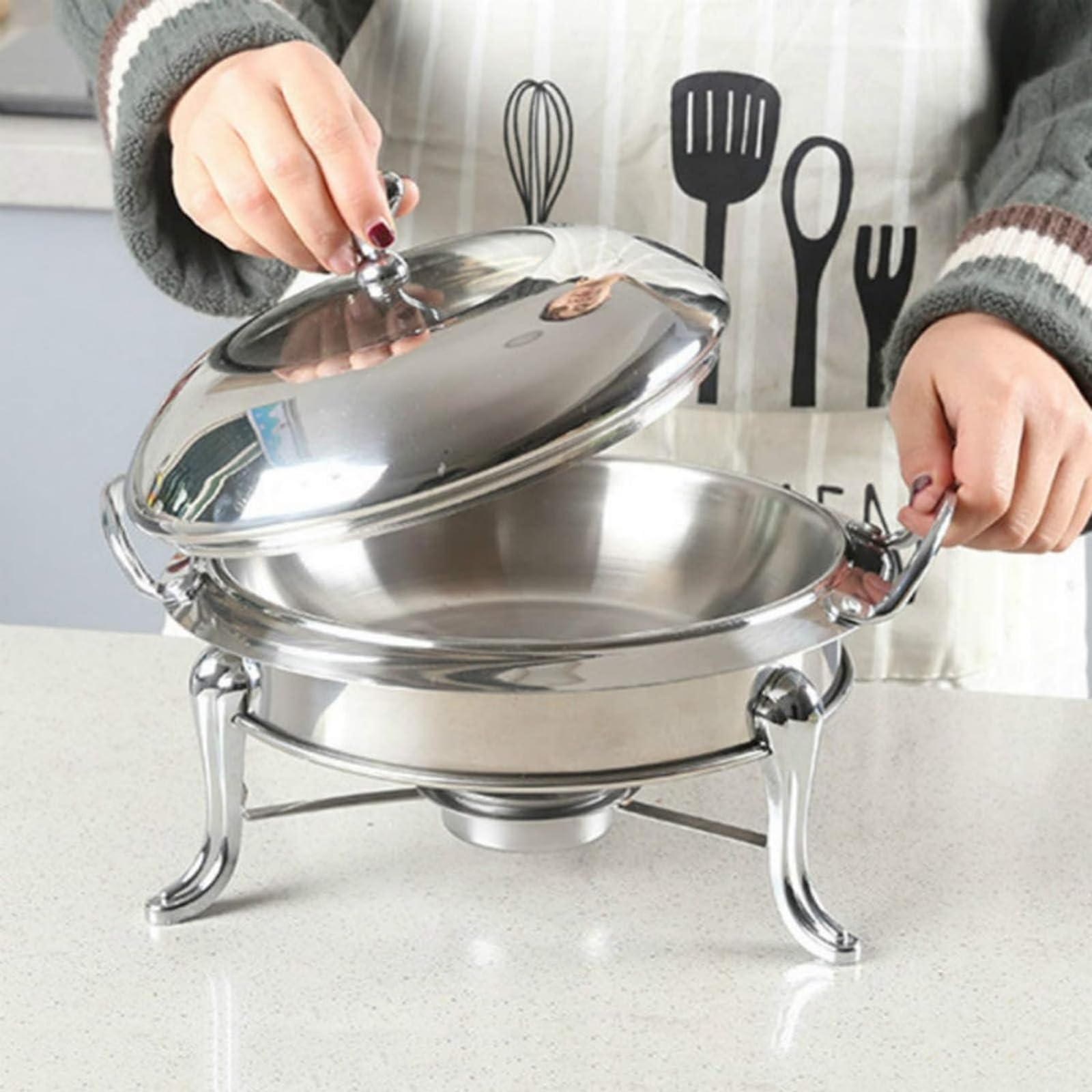 5 Qt in acciaio inox Chafing Dish rotondo con coperchio in vetro, contenitore scaldavivande, contenitore per buffet catering gastro e feste (acciaio