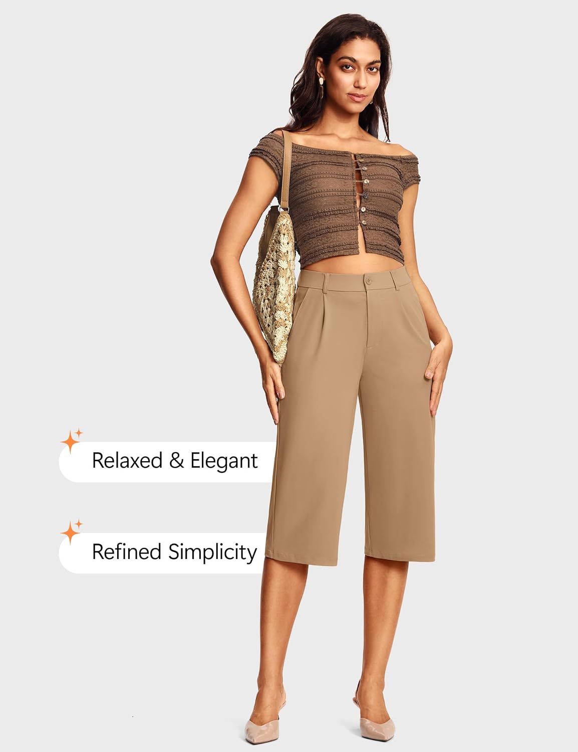 ISEEGZ 18" Capri Pants for Women Wide Leg Stretchy Casual Capris Pleated Dress Pants with Pockets Business Lounge Work
