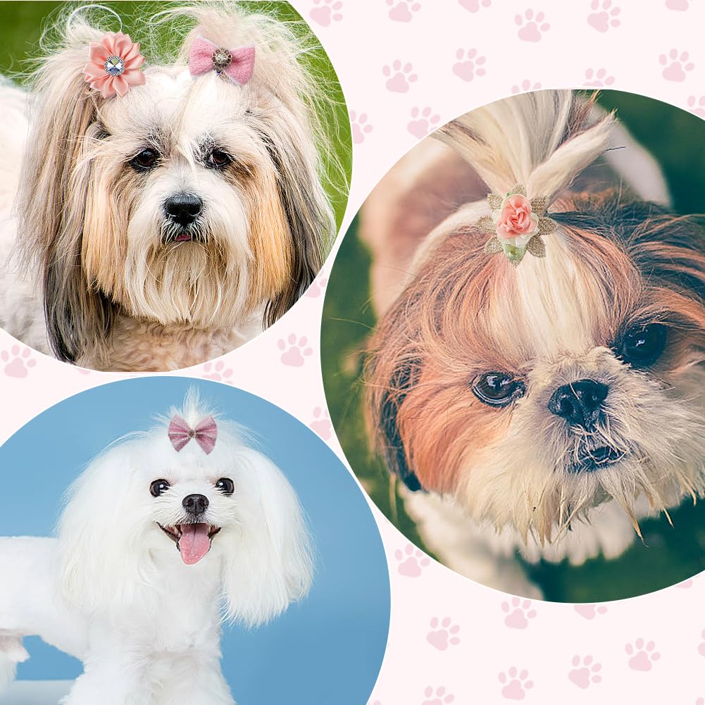 CREATCABIN 20Pcs 10 Styles Pink Dog Bow Clips Small Pet Hair Bows Cloth Rhinestone Pearls Gooming Flower Ball Puppy Handmade Bowknot Ties with Rubber Hoop for Furry Cats Dogs Pets Hair Accessories - Image 4
