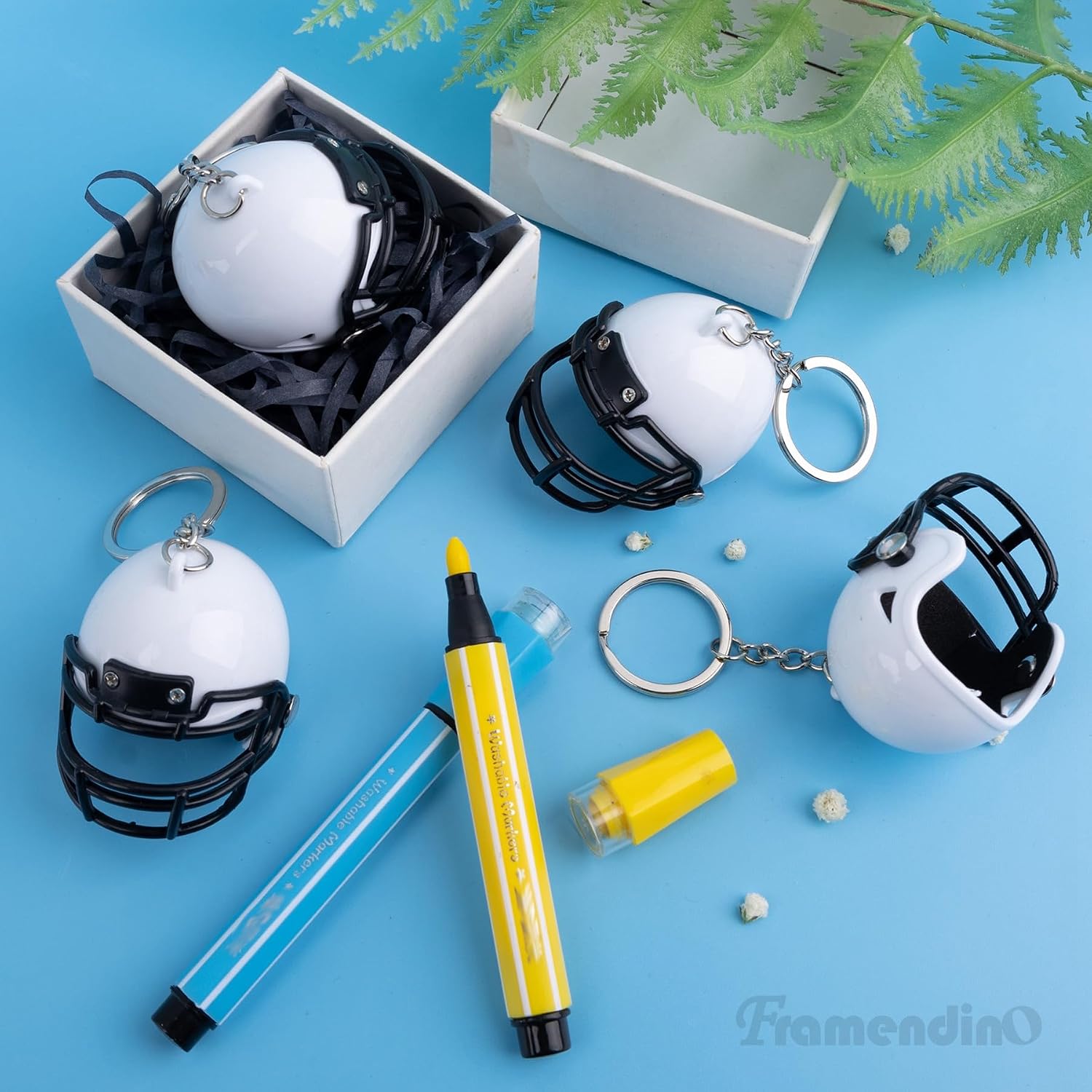Framendino, 32 Pack Football Keychain Blanks Rugby Hockey Helmet Keychains for Painting DIY Crafts White