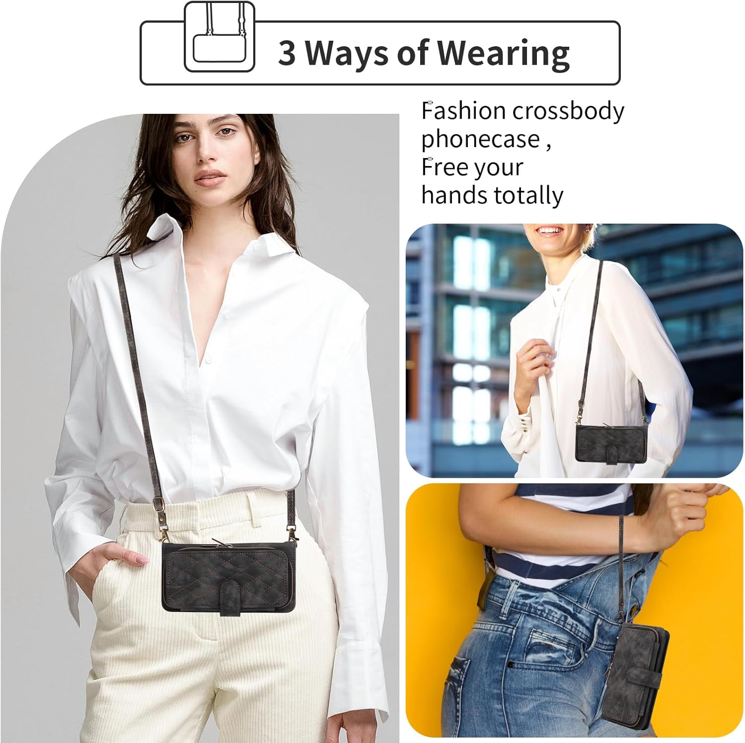 Phone Case for Samsung Galaxy S23 5G Wallet Cell Cover with Tempered Glass Screen Protector Crossbody Lanyard Strap Flip Stand Zipper Purse Card Holder S 23 23S GS23 G5 SM-S911U 6.1 inch Women Black