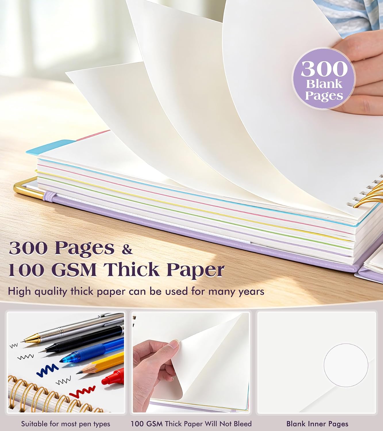 5 Subject Blank Notebook with Removable Dividers Tabs, 300 Pages Hardcover Leather Sketch Book Spiral Journal, 8"x10" B5 Large Sketchbook Notebooks for Women Men Work School Sketching Drawing, Purple image 5