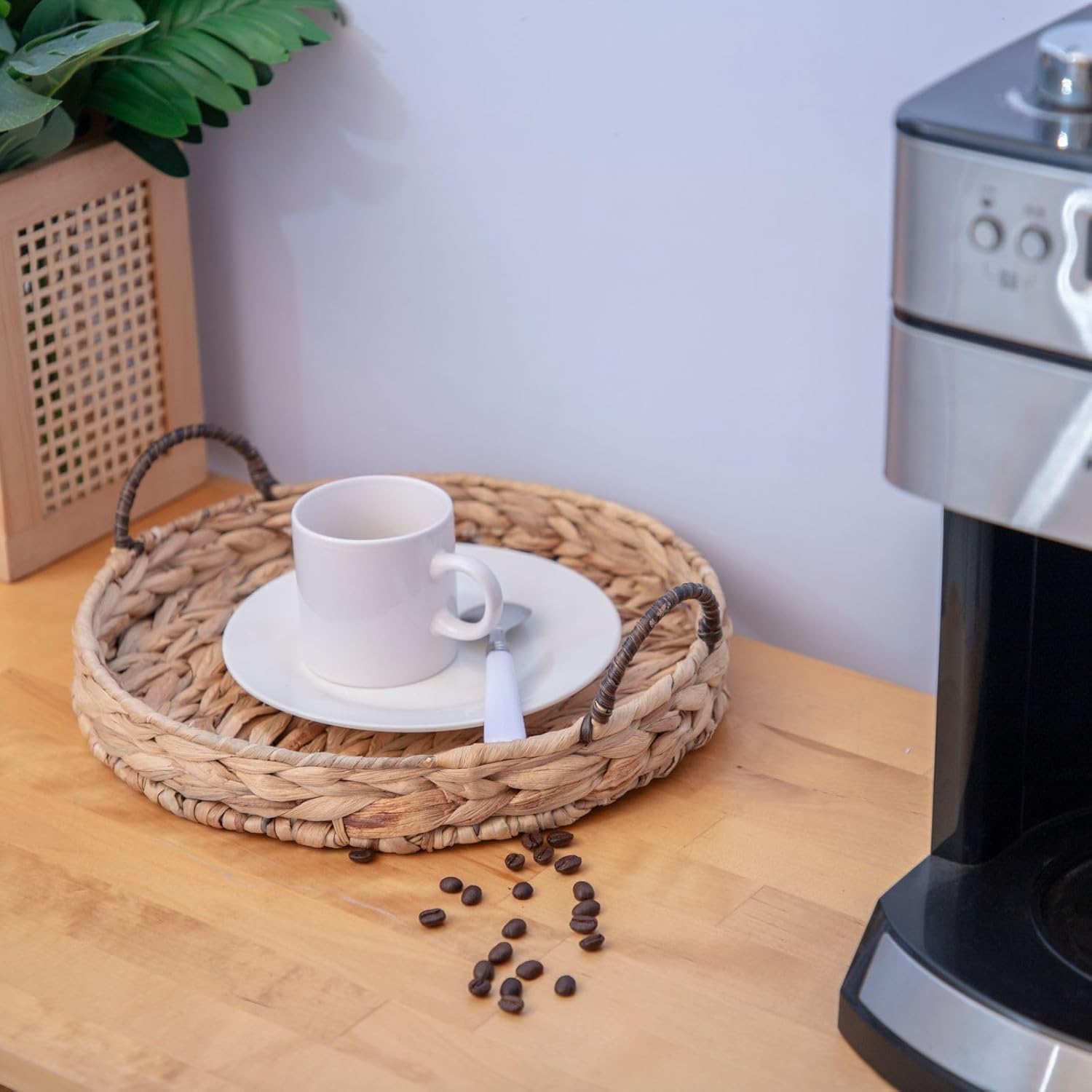 Water Hyacinth Round Tray Natural Coffee Table Tray with Handles Ottoman Table Trays for Coffee, Breakfast and Dinner, 11.8-inch,Decoratve Serving Trays.