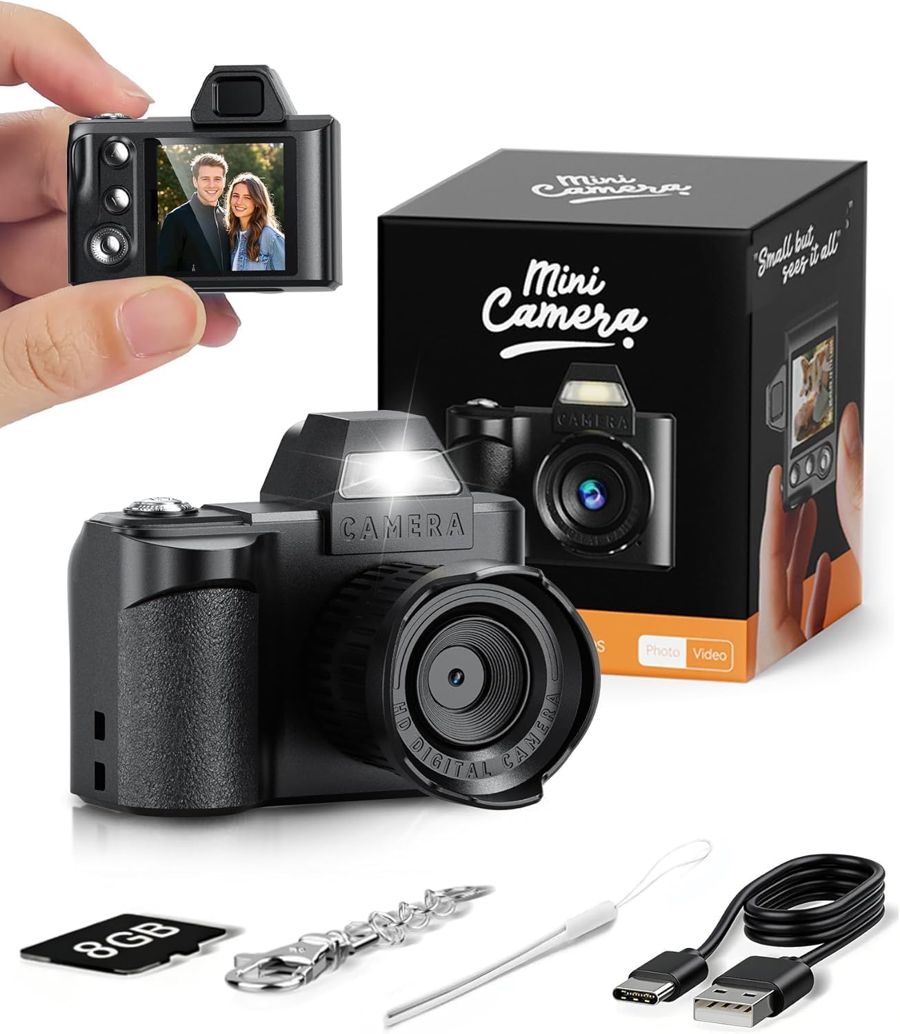 Mini Keychain Digital Camera,1080P Tiny Portable Camera with 4X Zoom, 8GB SD Card & Full Accessories, Ideal Birthday & Festival Gifts for Girls Boys, Teenagers, Adult Beginners
