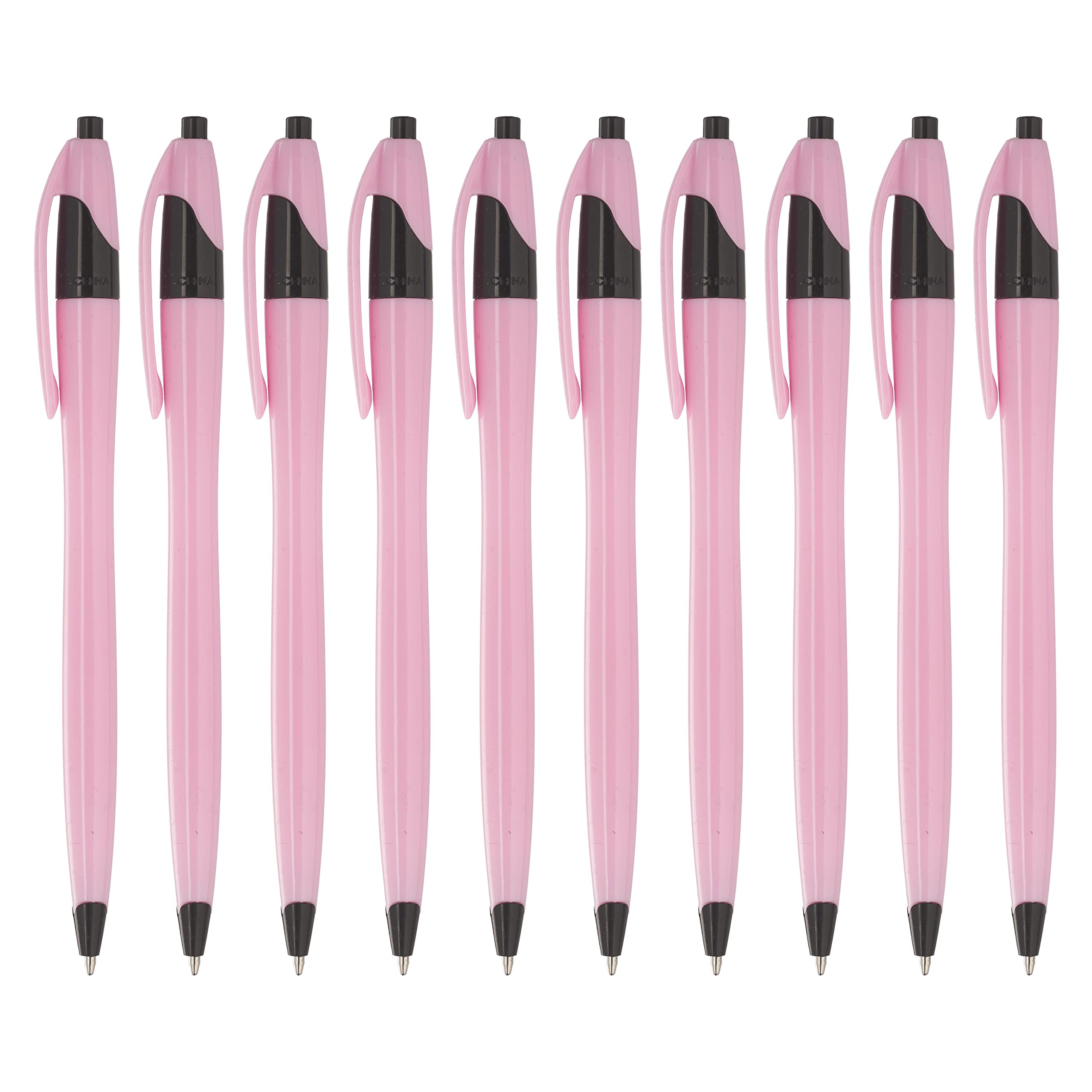 DISCOUNT PROMOS 10 Accent Click Action Pens Pack - Plastic, Vibrant, Black Ink - Pink