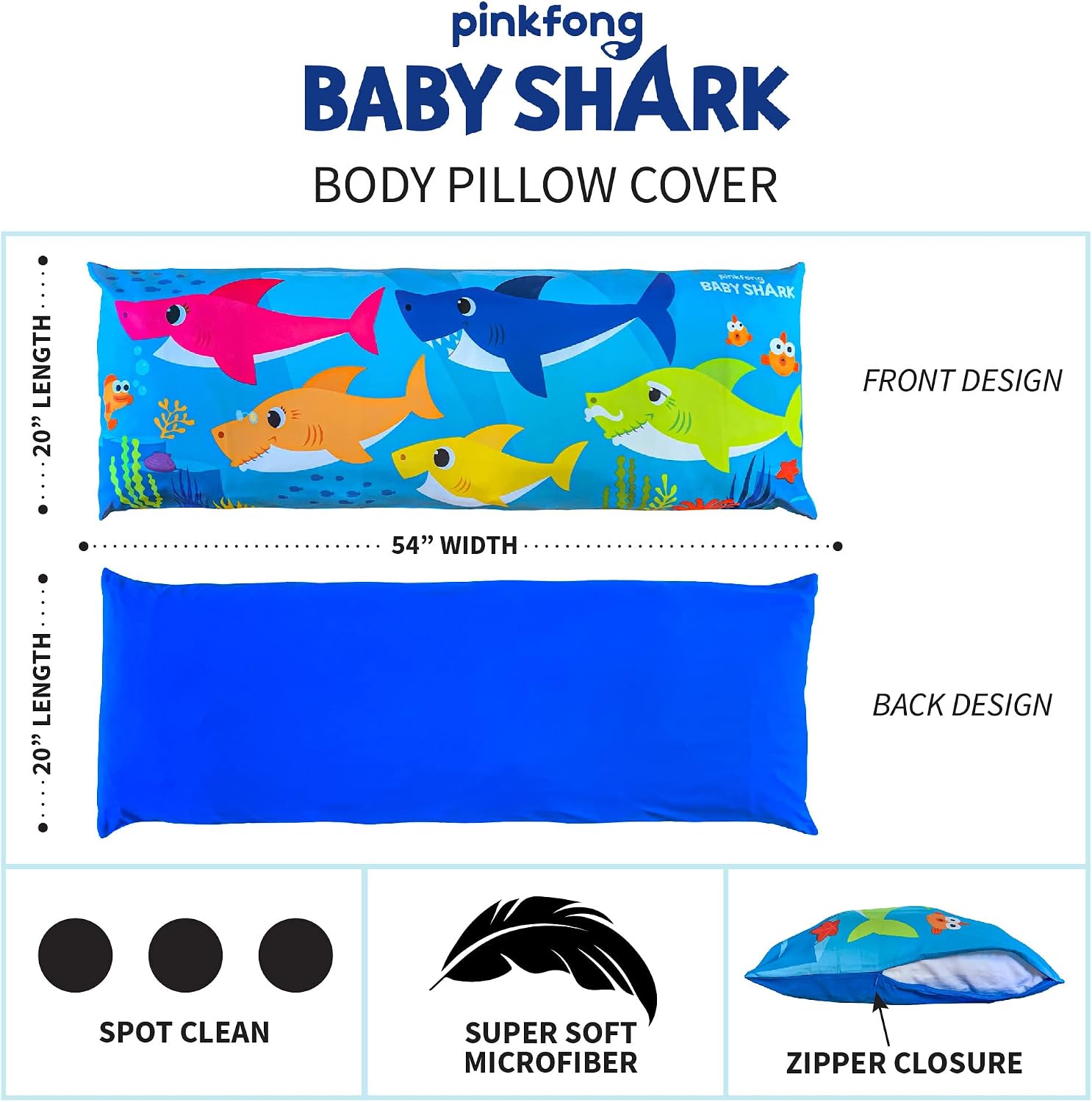 Baby Shark Decorative Body Pillow Cover - Kids Super Soft 1-Pack Bed Pillow Cover - Measures 20 Inches x 54 Inches