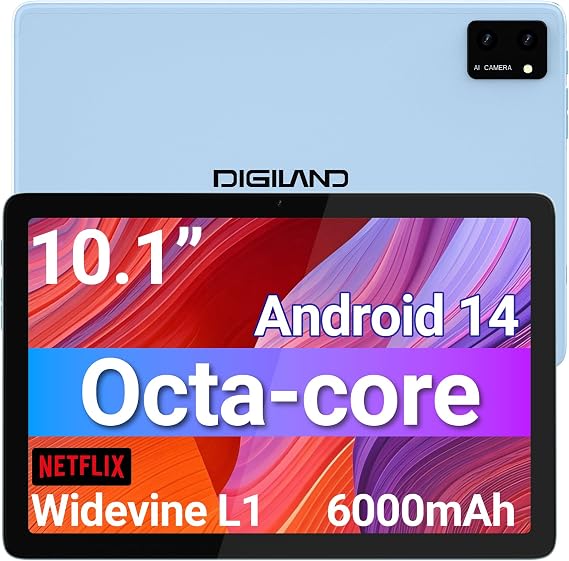 DigiLand Tablet 10.1 inch Android 14 Octa-Core Processor, OTG, 10GB+64GB+TF Expansion, 1280 * 800 IPS, Support Split-Screen, WiFi 6, BT5.0, Dual Camera 5MP+8MP, 6000mAh,Widevine L1 (Blue)