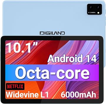DigiLand Tablets,10.1" Android Tablet with Octa-core Processor 10GB RAM+64GB ROMSupport Expand TF 5MP Front/8MP Back Camera,6000 mAh Battery,2025 Android 14 WiFi TabletBlue