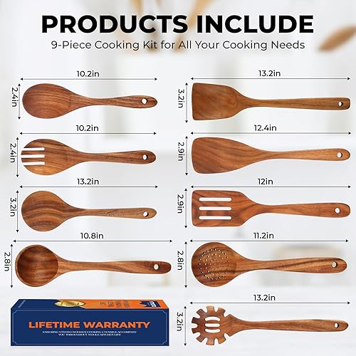 Miniatura 5 de Juego de utensilios de madera, juego de utensilios de cocina de madera de teca natural, cucharas de madera esenciales para cocinar (9 piezas)