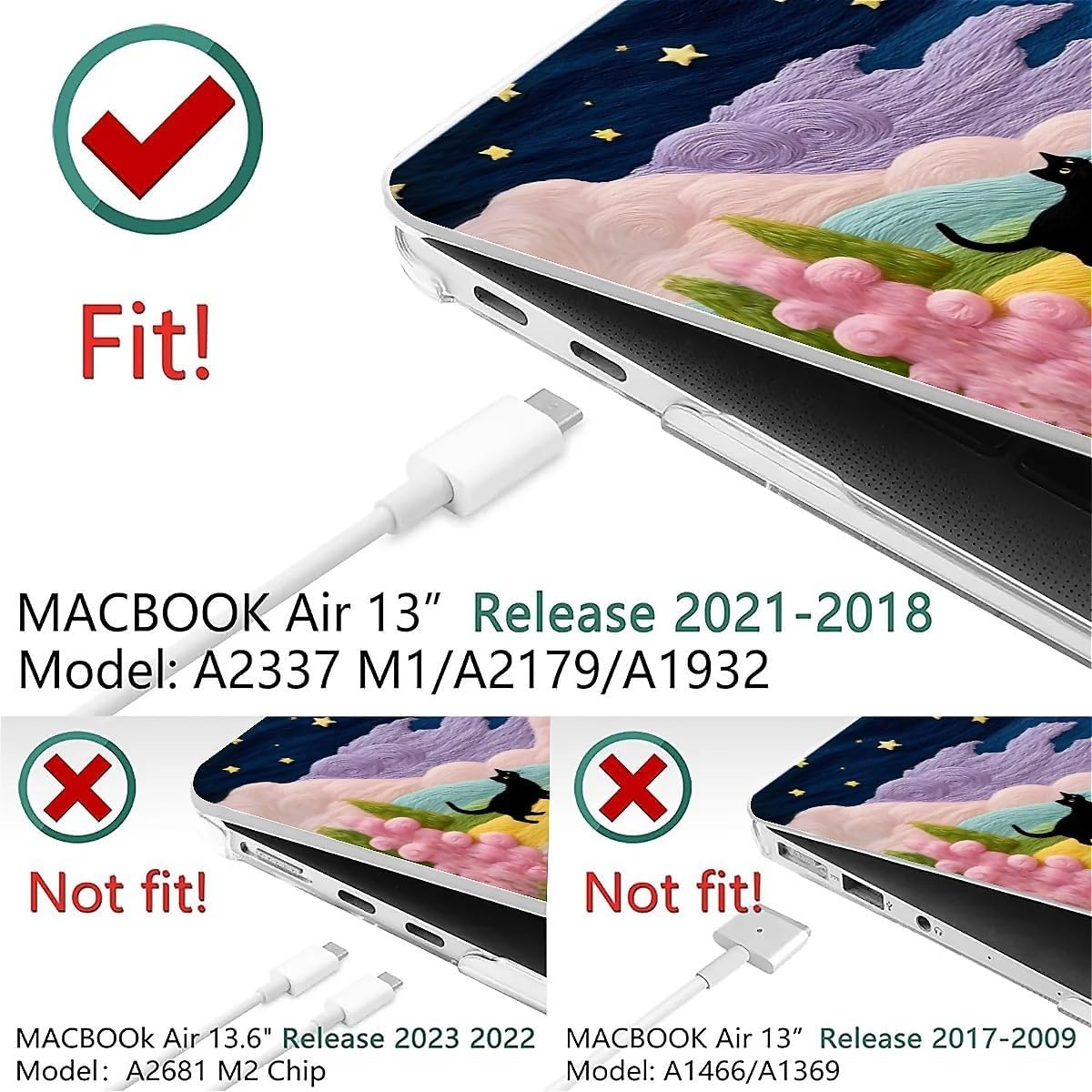 for MacBook Air 13 Inch Release 2022/2025 Model A2681/A3240 M2/M4 Chip Clear Computer Case,Novelty Premium Pattern Hardshell Laptop Case Fairy Black Cat Color Village