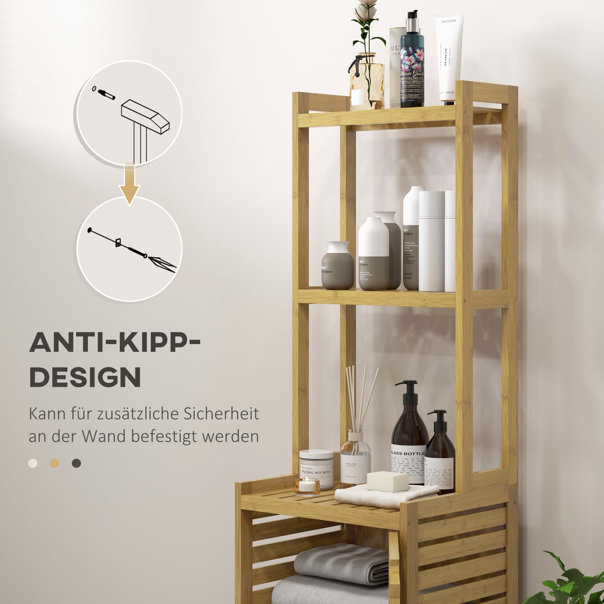 Armadietto bagno in bambù con vano armadio e 3 scomparti aperti, protezione antiribaltamento, legno naturale per bagno moderno
