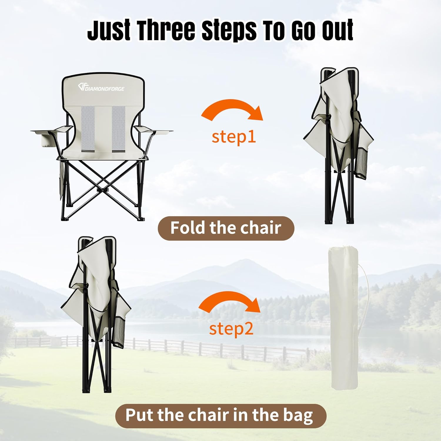 Camping Chair, 300 LBS High Back Breathable Mesh Lawn Chairs Folding (Gray) | Portable Outdoor Folding Camping Chair for Adults, with Cup Holder for Picnic, Lawn, Beach, Park, Fishing and Sports