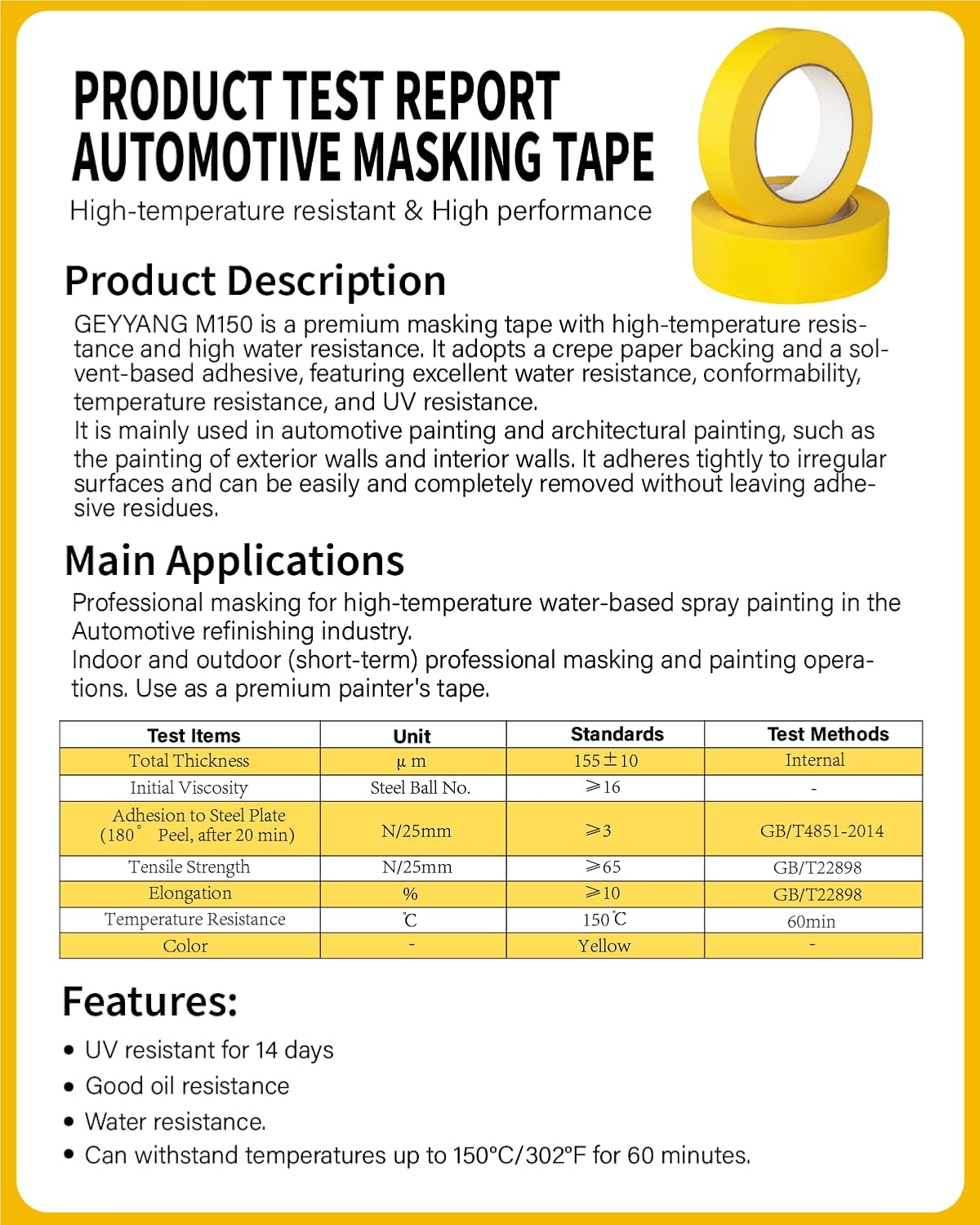 Yellow Painters Tape, Automotive Masking Tape - Yellow Masking Tape for Walls Painting, DIY Crafting, Labeling, Art, Car - 1.88 Inch x 55 Yards x 10 Rolls
