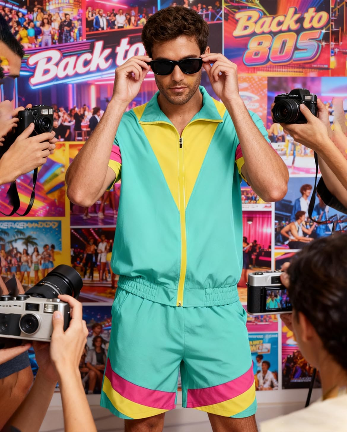 UOUA 80s Outfit for Men 90s Color Block Costumes 2 Piece Retro Short Sleeve Jacket & Shorts Set for Party - Image 2