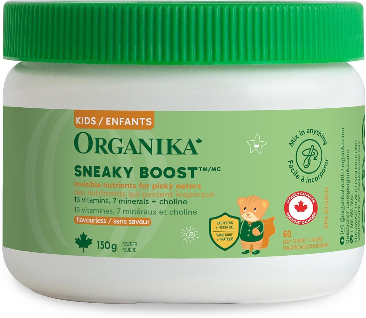Organika Kids Sneaky Boost- A Flavourless Multivitamin Powder to Add to Food or Drink, 13 Vitamins, 7 Minerals + Choline for Healthy Growth and Development- 150g