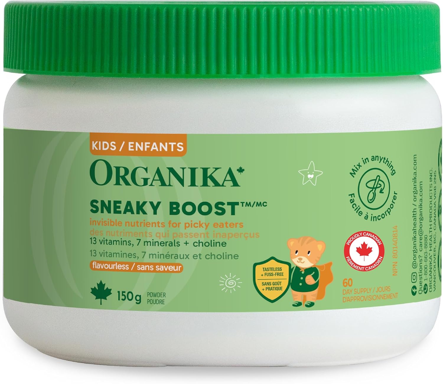 Organika Kids Sneaky Boost- A Flavourless Multivitamin Powder to Add to Food or Drink, 13 Vitamins, 7 Minerals + Choline for Healthy Growth and Development- 150g