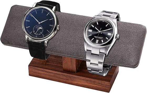 Walnut Wood Watch Stand, Faux Suede T Bar Bracelet Holder, Gray