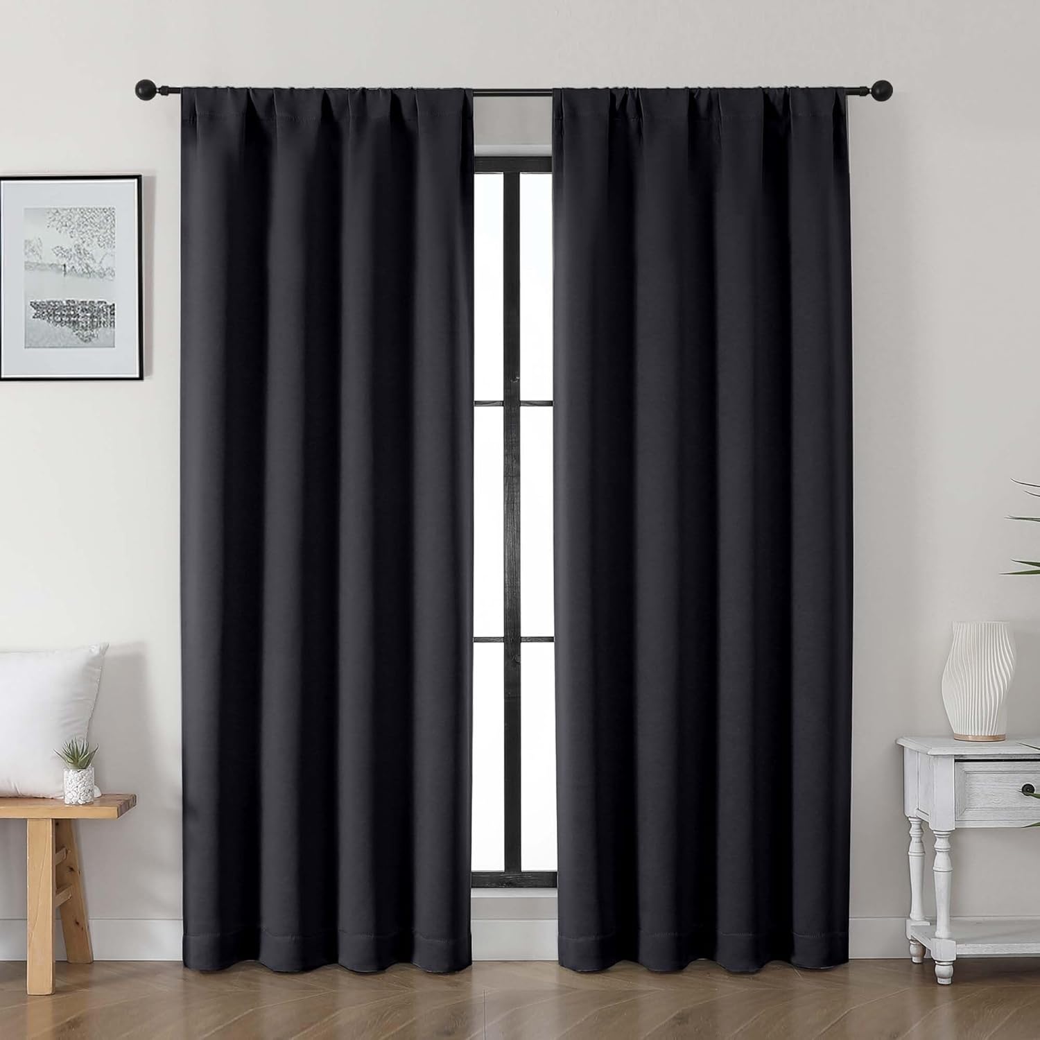 Gwine Black Blackout Curtains for Living Room 72 inches Long, Noise Reducing Room Darkening Window Treatment Curtains for Bedroom, Farmhouse Decor with Rod Pocket, Each 40″ Wx72 L,2PCS