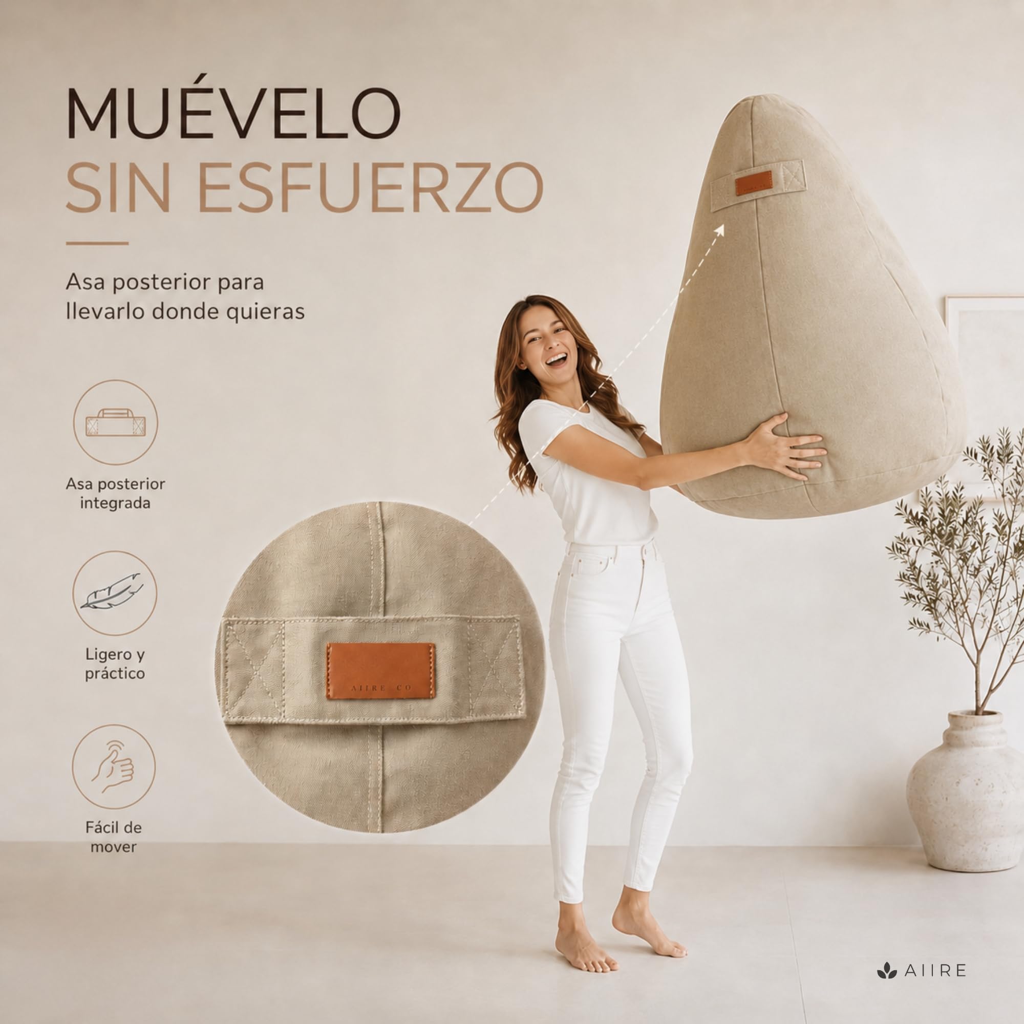 Aiire Puff Pera con Relleno Incluido - Puff Gamer Moderno de Diseño - Niño o Adulto para Salon o Habitación Juvenil - Sillón Puf Infantil XXL Adolescente - Puffs en Algodón Premium Beige