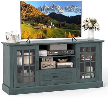 Tangkula Farmhouse TV Stand for TV up to 65 70 Inches, Tall Media Console Table with 2 Glass Storage Cabinets, 1 Drawer & 2 Open Shelves, Wooden Entertainment Center for Living Room (Vintage Green)