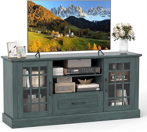 Miniatura 9 de Tangkula Mueble de TV Estilo Granja para TV de hasta 70 Pulgadas, Mesa Consola de Medios Alta con 2 Puertas de Cristal, Centro de Entretenimiento