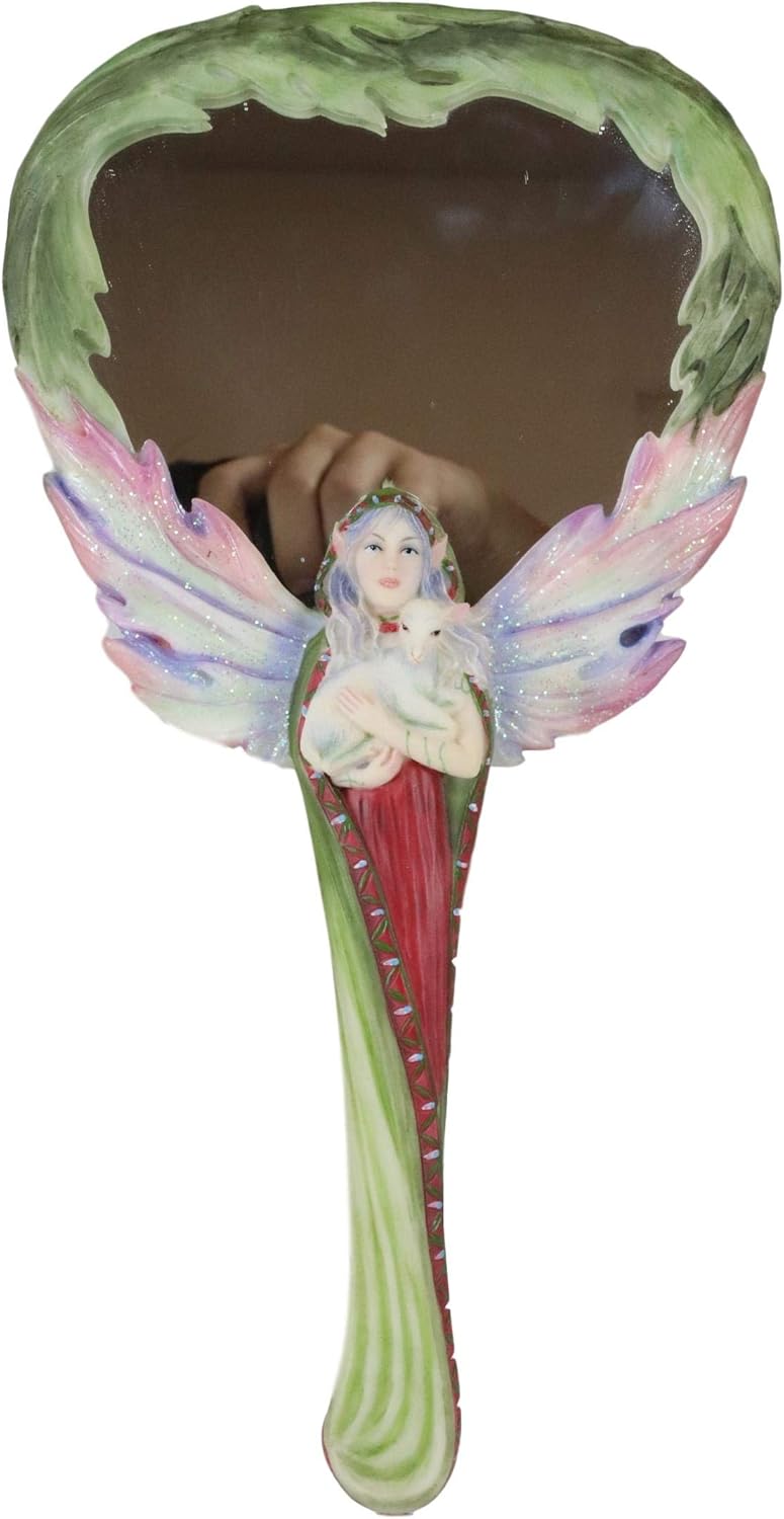 Ebros Jody Bergsma Snow Winter Magic Mistletoe Fairy with White Lamb Hand Mirror Figurine Boudoir Vanity Accessory Handheld Mirrors Christmas Holiday Season Theme