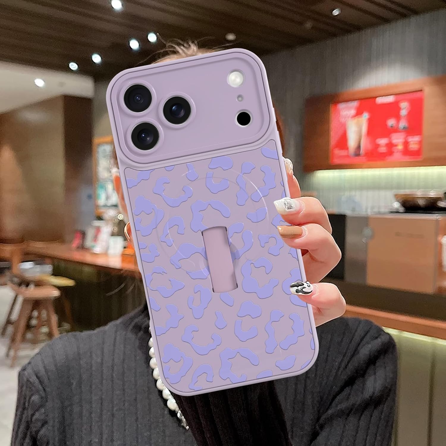 MOWIME Magnetic for iPhone 17 Pro Max Case with Finger Strap, Compatible with Magsafe, Cheetah Print Pattern for Women Girls, Slim Shockproof Soft TPU Case for iPhone 17 Pro Max 6.9 Inch, Purple