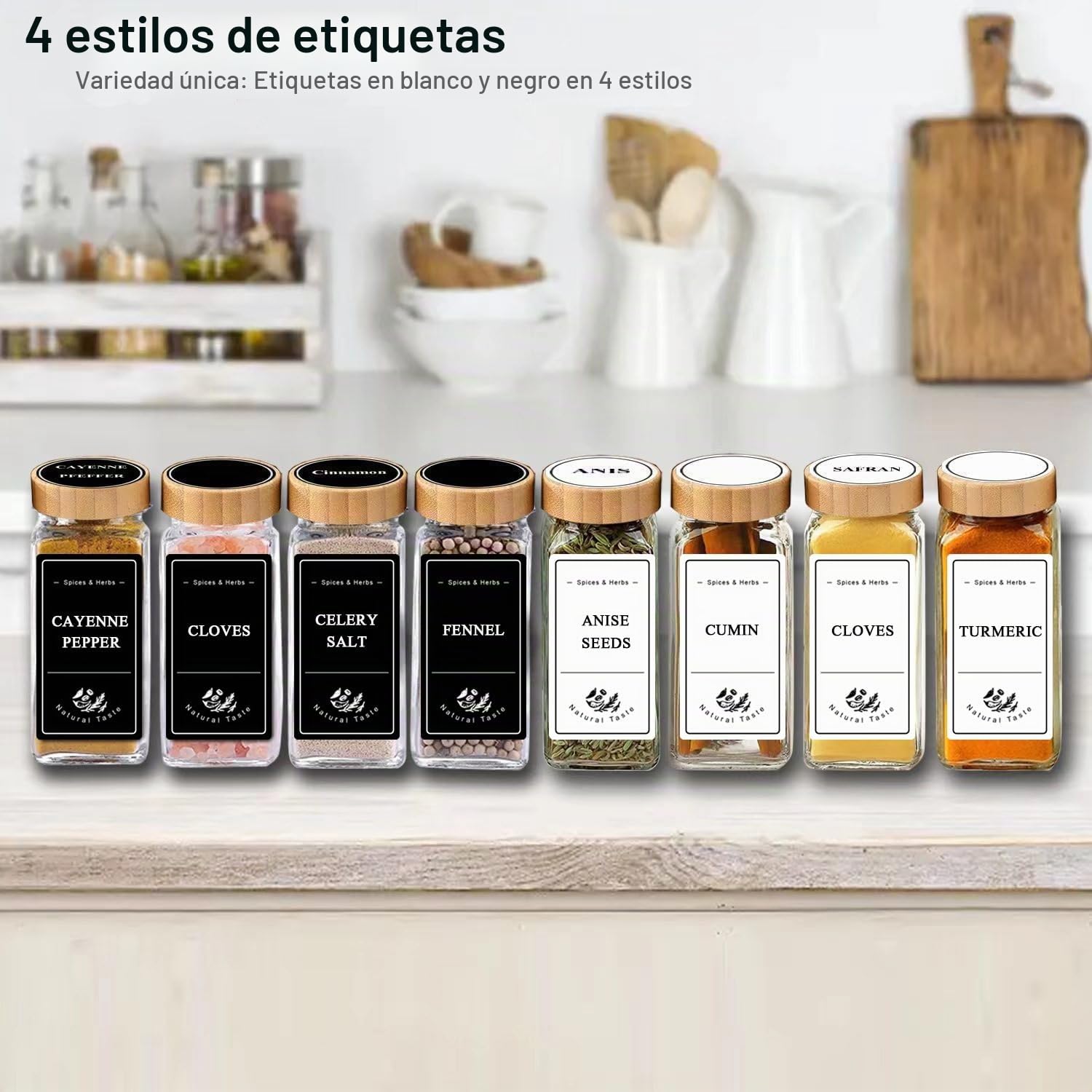 Danillous Juego de 24 tarros de especias cilíndricos con tapa de bambú, frascos de especias con inserto de dispersión, etiquetas preimpresas, elegantes pegatinas blancas y negras (180 nombres de