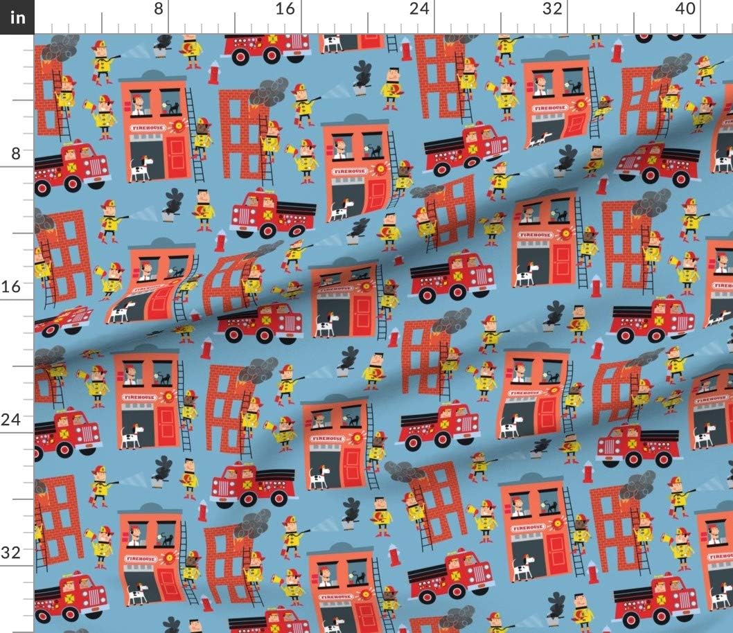 Spoonflower Fabric - Fire House Fireman Boys Red Truck Dogs Classroom Printed on Petal Signature Cotton Fabric by The Yard - Sewing Quilting Apparel Crafts Decor