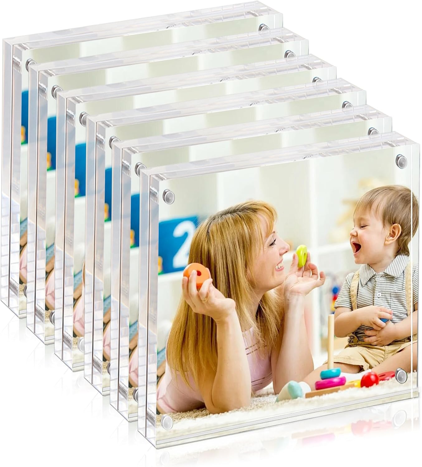 4x4 Inch Acrylic Picture Frames, 6-Pack Double Sided Magnetic Clear Picture Frames, Freestanding Acrylic Frameless Desktop Photo Frames 4x4 for Home/Office Tabletop Display