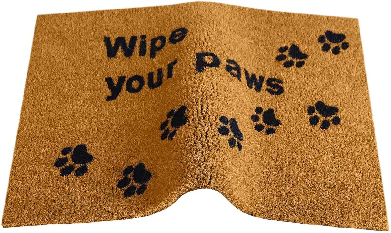 23.5 x 15.75 Inch Home Wipe Your Paws Coir Doormat - Oversized Welcome Mat with Black Paw Prints and Natural Fade