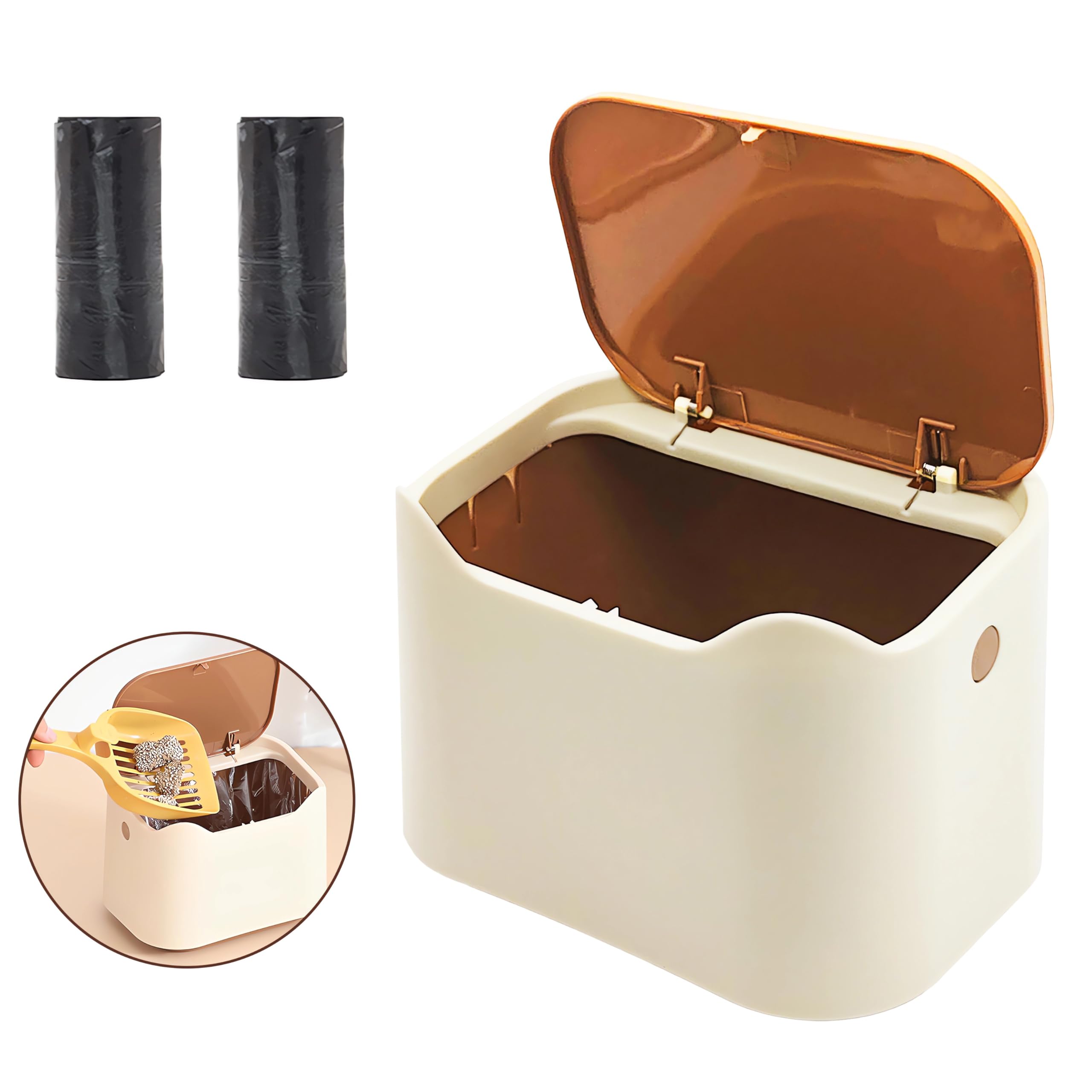 kathsonCat Litter Trash Can with Press Type Lid, Smell Proof Cat Poop Mini Bin with Bags, Cat Litter Scoop Holder Detachable Trash Container (Apricot Color)