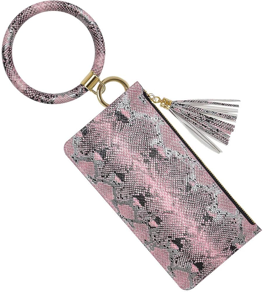 YUOROS Key Ring Bracelet, Wristlet Keychain Bangle Bracelet with Phone Pocket for Women (Pink Snakeskin)