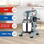 Commercial Food Mixer 15QT, 3-Speed Stand Mixer with Stainless Steel Bowl, Dough Hook, Flat Beater & Wire Whip, 600W 110V with Safety Guard for Restaurant, Bakeries, Commercial Kitchen