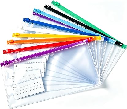 10 Pack Plastic Envelopes Pencil Pouch,Clear Pencil Bags with Zipper，10 Colors with Label Reusable Pencil Pouches for School Supplies and Office Supplies (A-Multicolor)