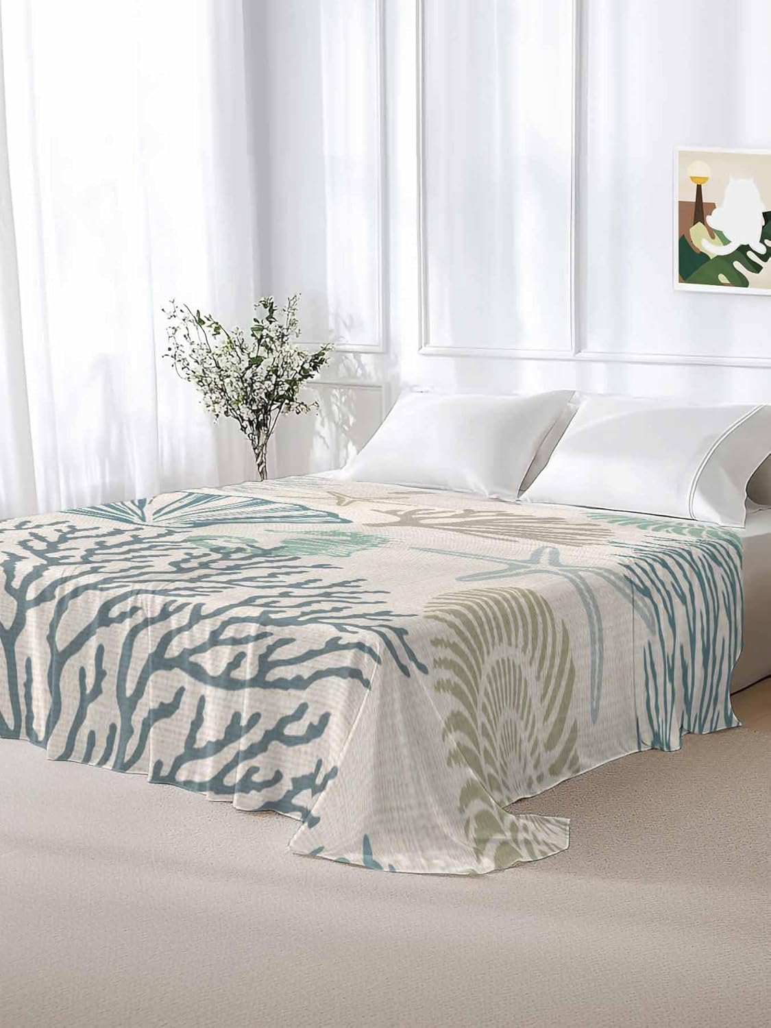 Coastal Ocean Flat Bed Sheet King Size for King Mattress, Microfiber Bedding Top Sheets Deep Pocket for All Seasons, Vintage Coral Starfish Shell Seahorse Soft & Breathable Hotel Quality