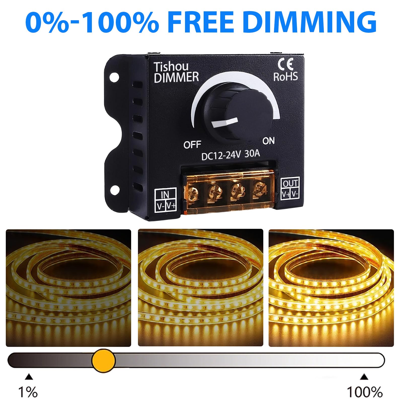 Controlador LED 12V 24V 30A PWM Regulador de Intensidad con Botón On/Off, Dimmer para Tira LED Monocromática 5050 3528, Carcasa de Aluminio Duradera e Instalación Sencilla Compatible con Luces DC