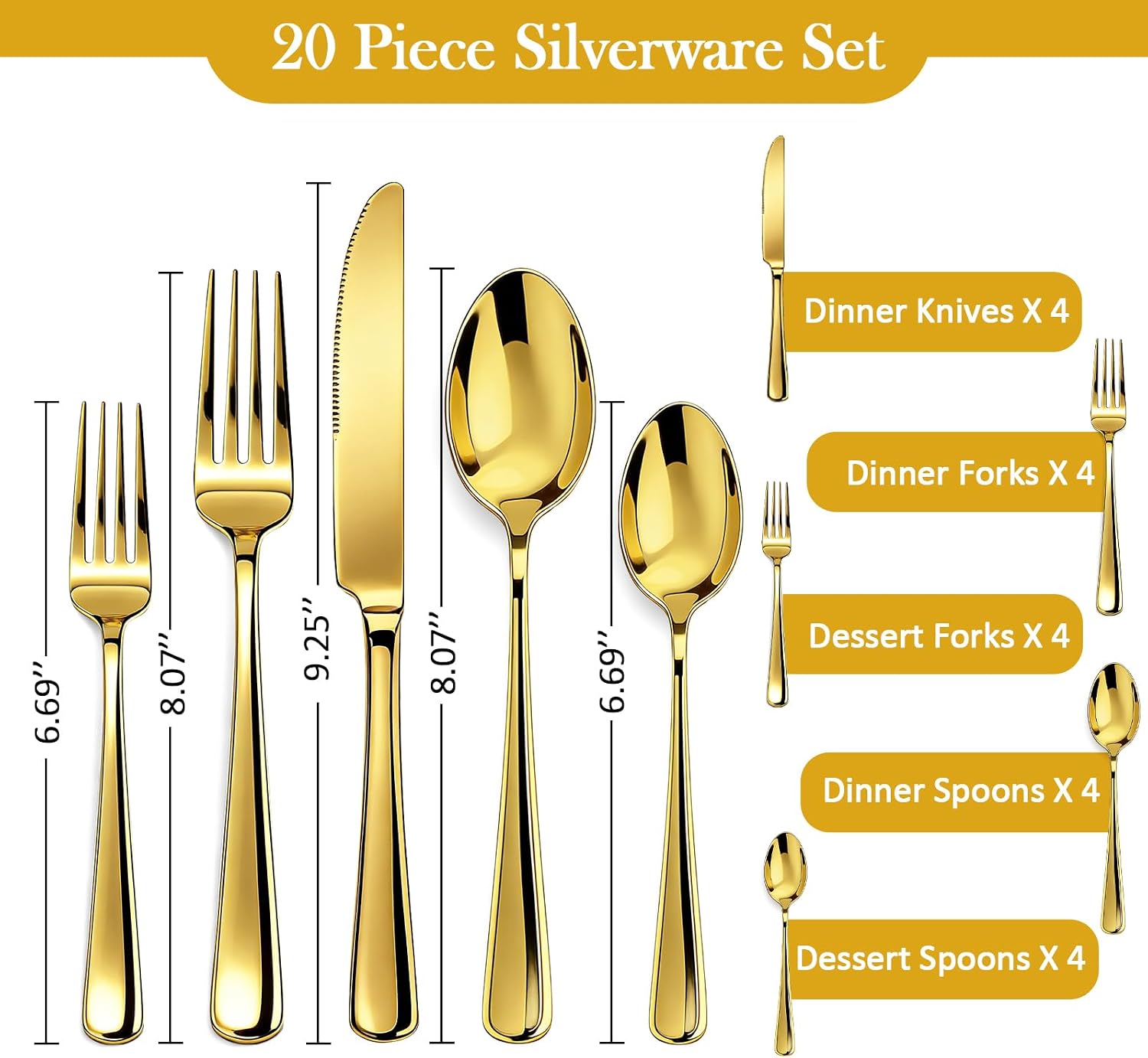 20 Piece Stainless Steel Flatware Set,Cutlery Utensil Silverware Set for Home,Kitchen,Party,Buffet,Banquet,Catering（Gold）