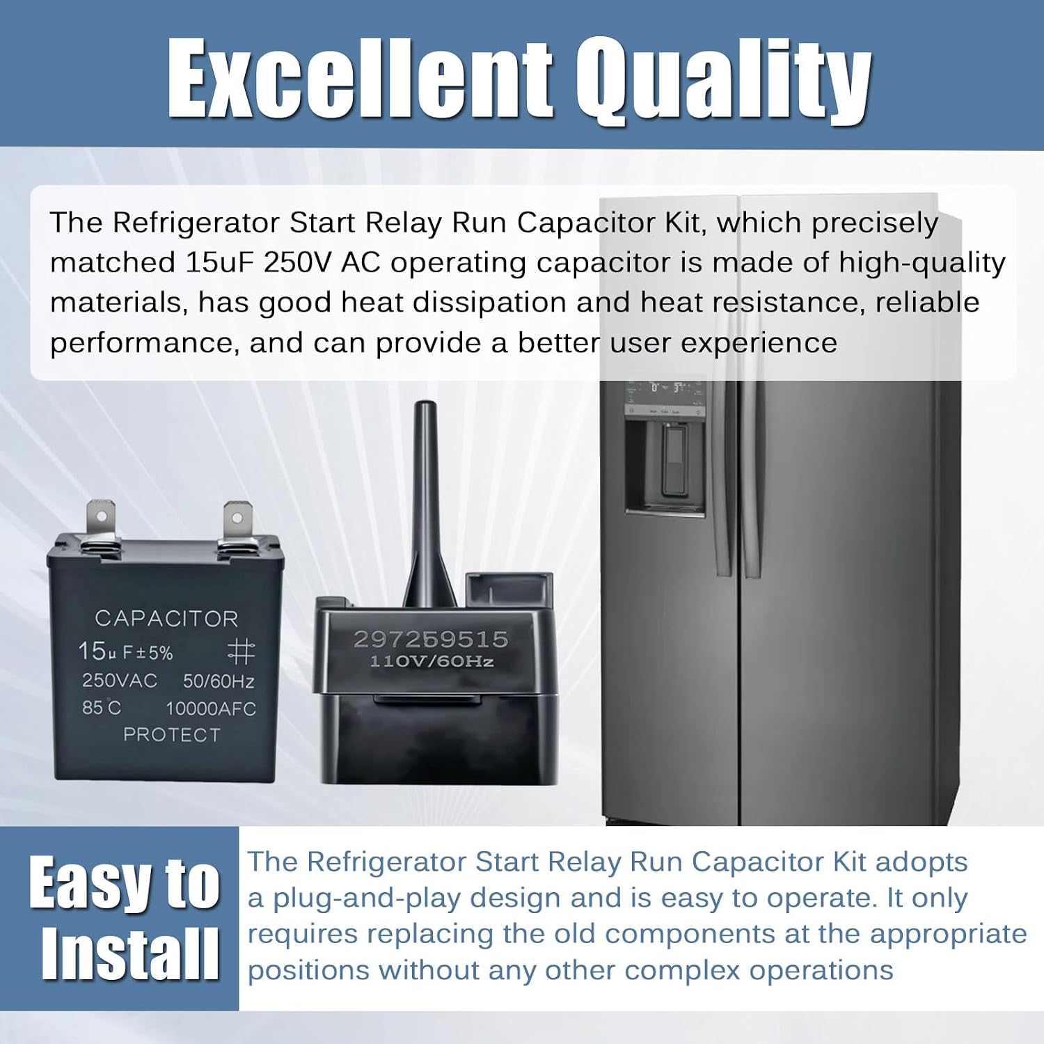 Refrigerator Start Relay Run Capacitor Kit Compatible with Frigidaire Kenmore Freezers Replace for 297259515 297259502 297259510 PS11728176 15uF 250V AC