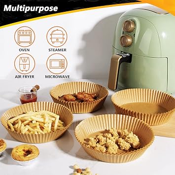 Air Fryer Liners, 9.5 Inch Large Airfryer Liners Round, Disposable Parchment Paper Liners Oil-Proof, Water-Proof, Food Grade Baking Paper for Air Fryer Roasting Microwave Oven (100pcs)