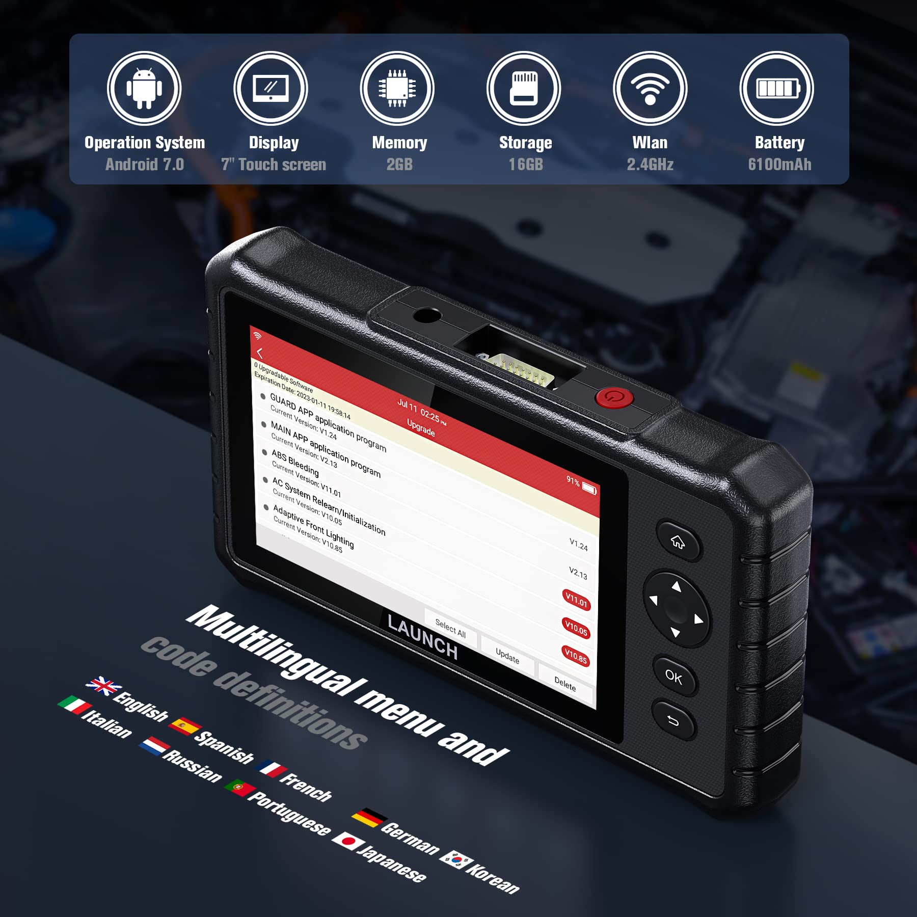 LAUNCH Europe CRP 349 diagnostyka półprofesjonalna & skaner OBD II, wsparcie ponad 75 marek samochodów i 28 funkcji serwisowych, Android 7, Odpowietrzanie układu chłodzenia; Bilans mocy silnika